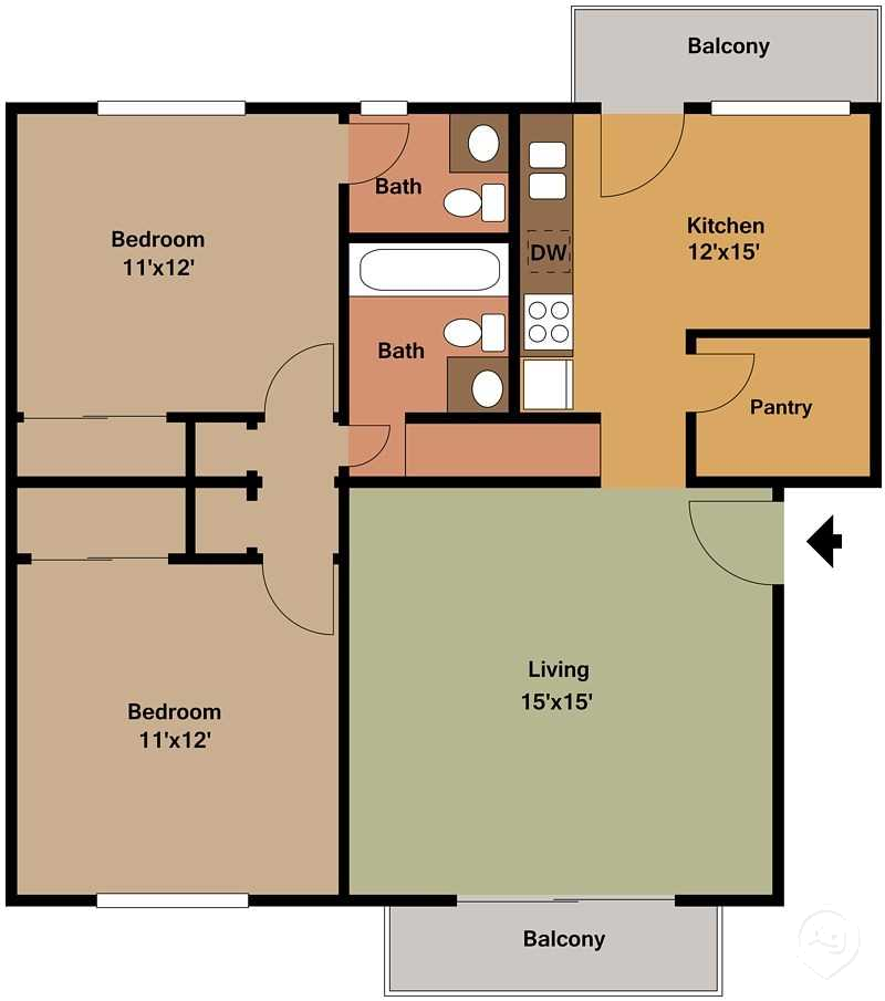 Floor plan for 2 beds, 1 bath, 870 sqft